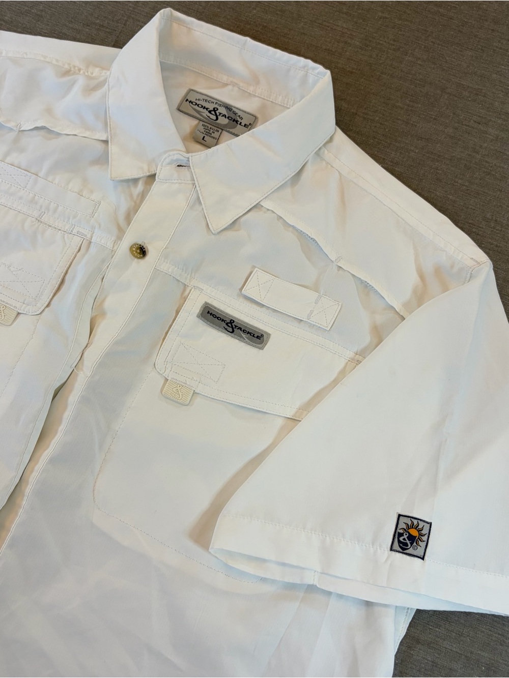 Hook & Tackle Technical Fishing Gear White Button Down Mens L Quick Dry UPF Vent
